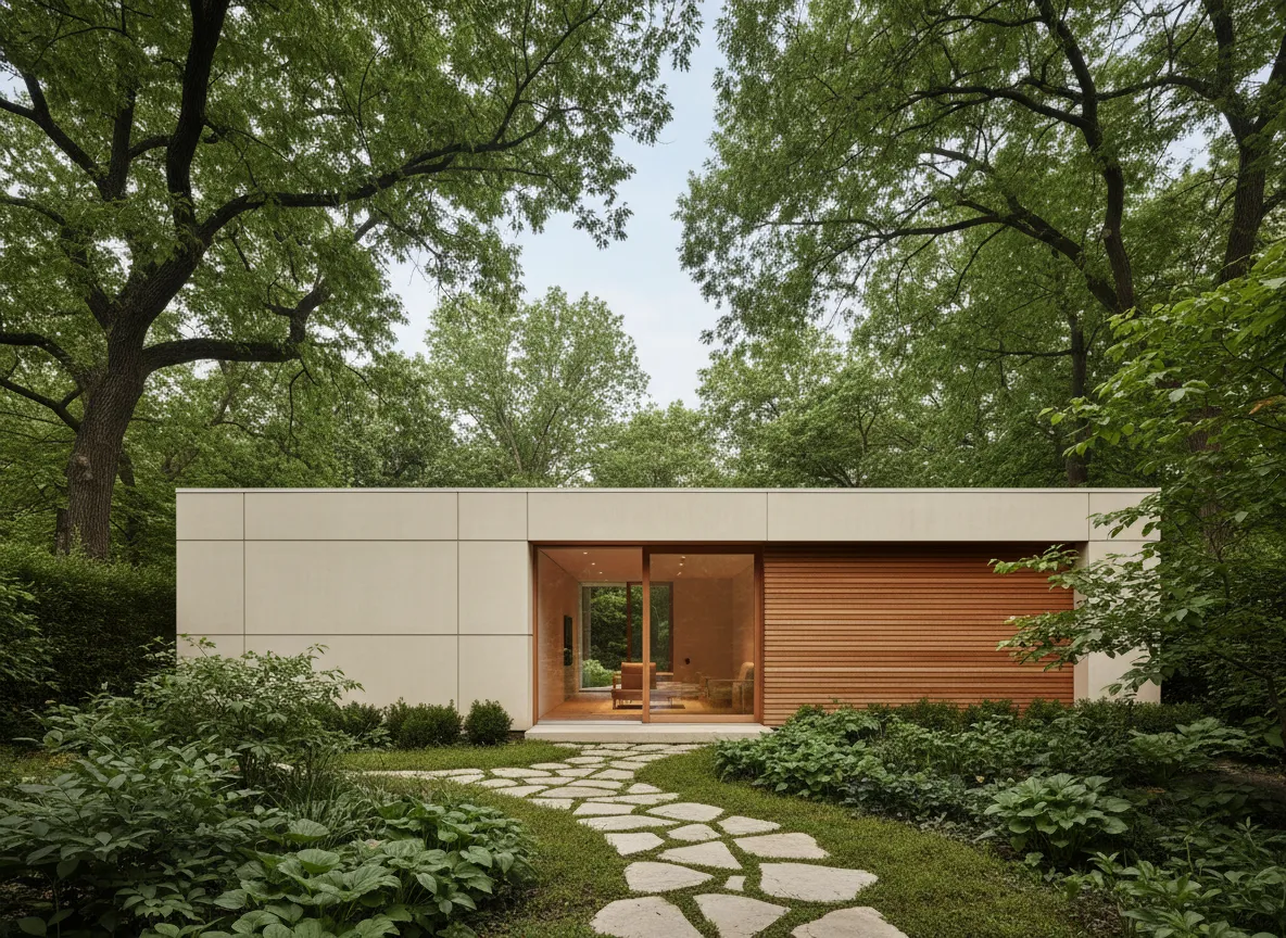 Modern home with wood and stone exterior surrounded by trees