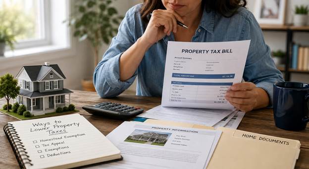 Homeowner reviewing a property tax bill with a calculator, checklist of ways to lower property taxes, and home documents