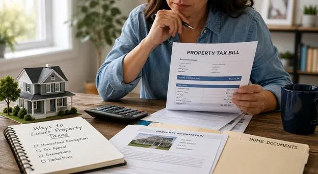 Homeowner reviewing a property tax bill with a calculator, checklist of ways to lower property taxes, and home documents